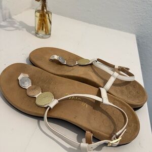Vionic White T-Strap Sandals with Metallic Accents